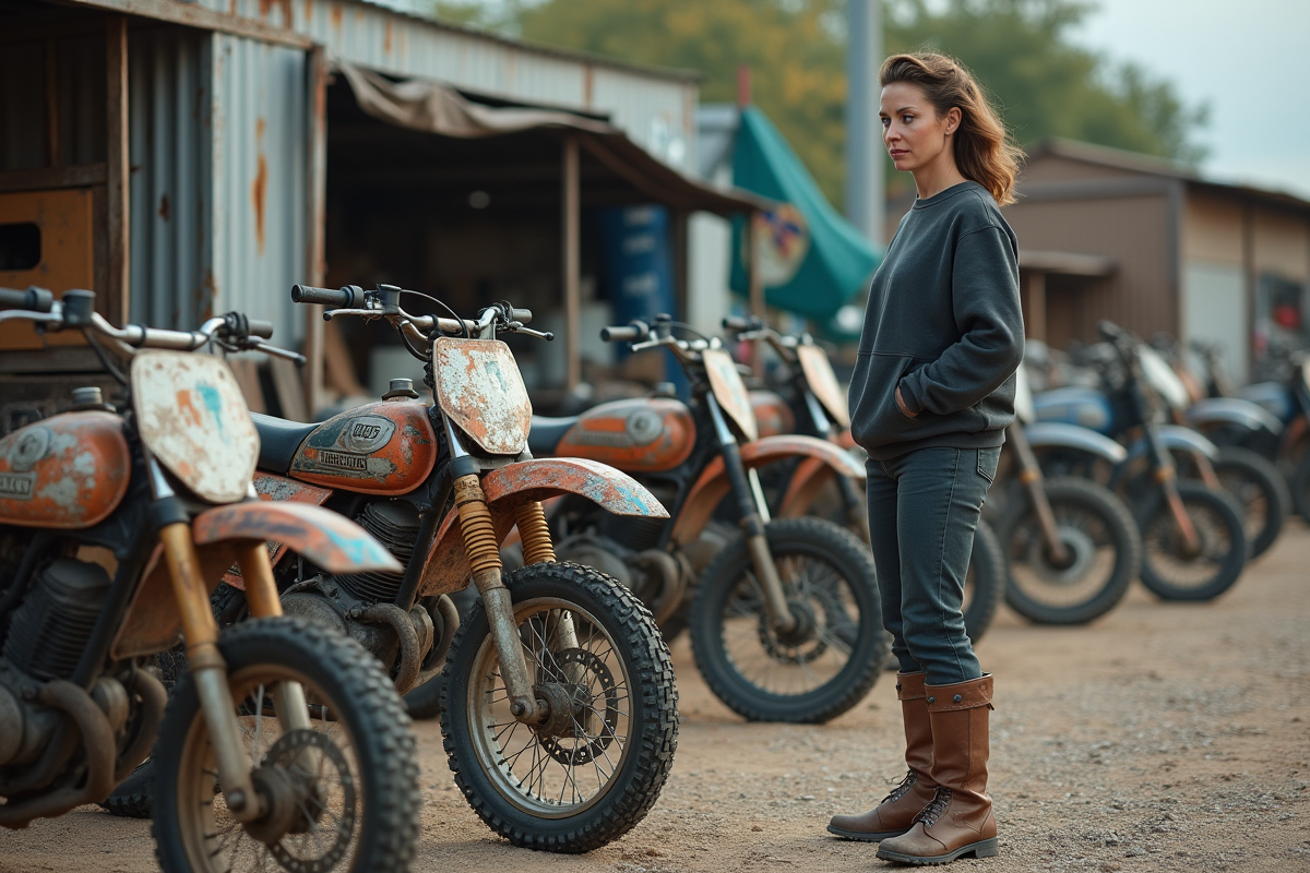 Femme inspectant des pit bikes dans un atelier de motos usagées