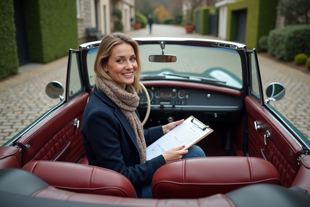 Femme souriante dans une voiture décapotable restaurée
