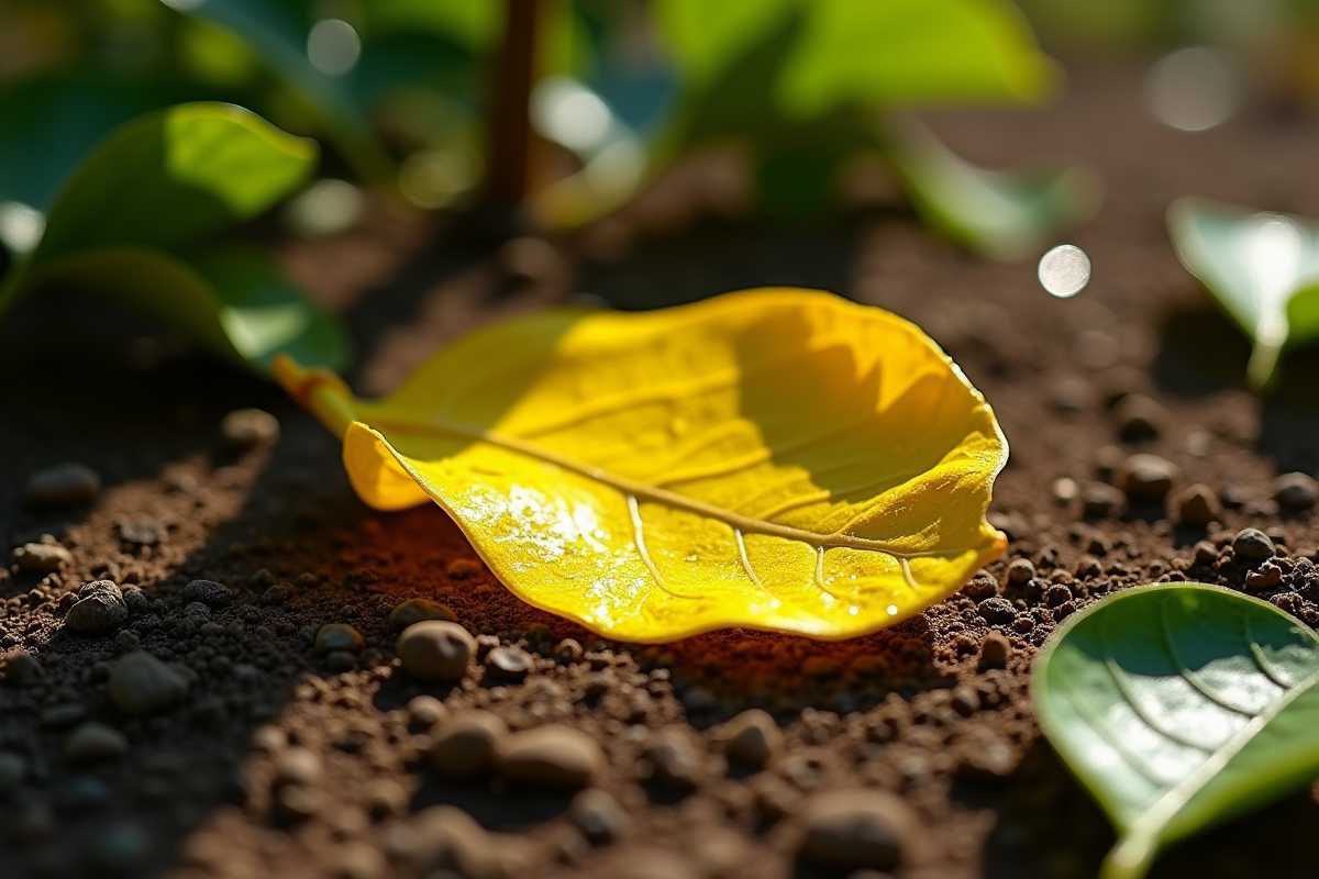 Feuille de citron jaune sur sol riche sous l