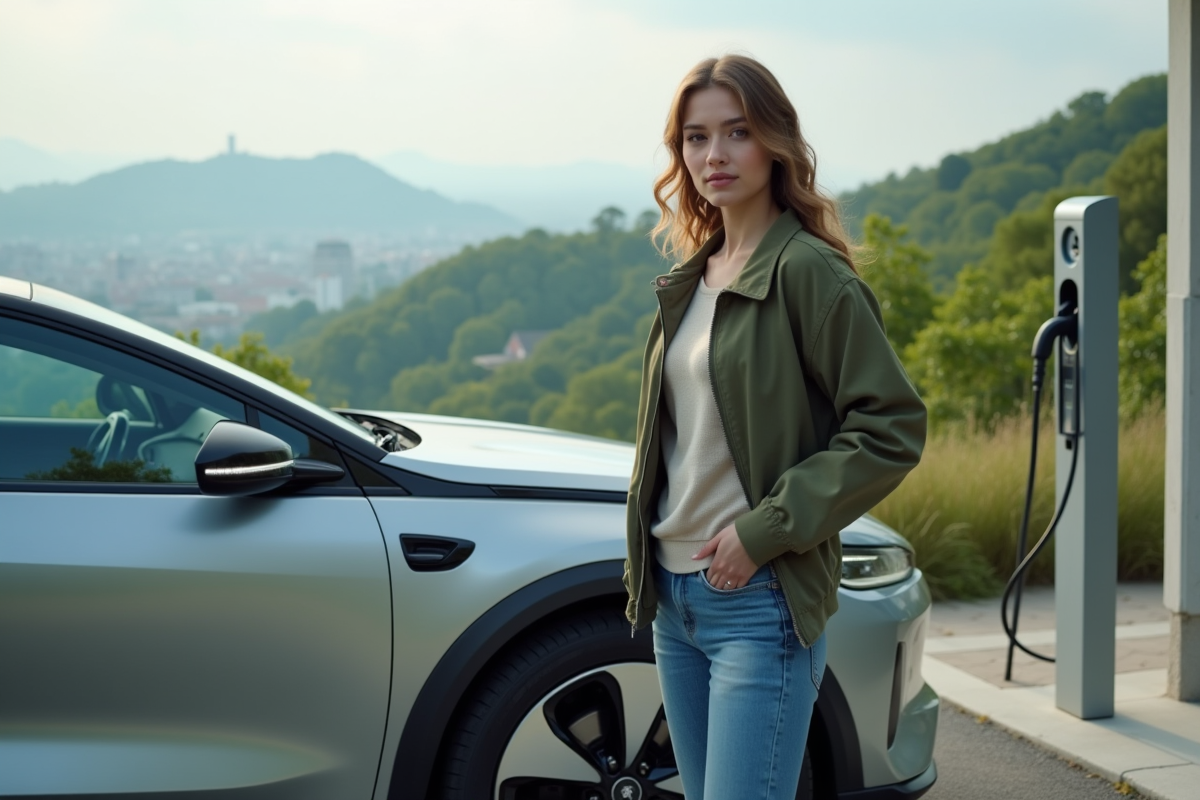 Jeune femme près d'une voiture à hydrogène dans un paysage verdoyant