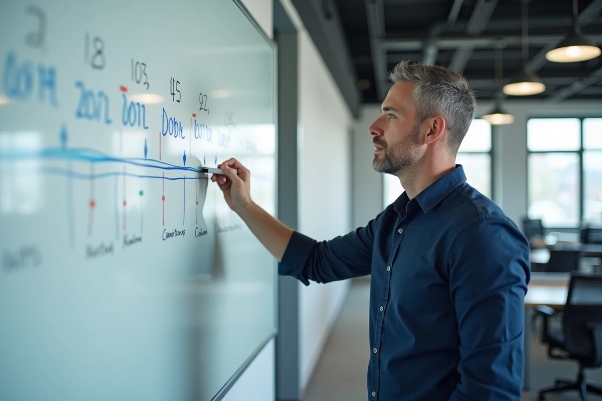 Homme traçant une frise chronologique sur un tableau blanc dans un bureau moderne pour illustrer un calcul de durée