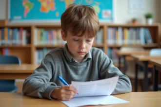 Garçon français de 12 ans concentré sur son bulletin scolaire