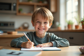 Jeune garçon souriant écrivant la lettre L dans un cahier lumineux