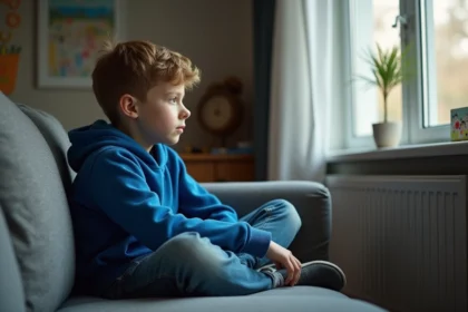 Garçon preteen pensif regardant par la fenêtre