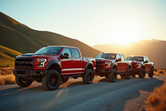 Groupe de pickups 4x4 sur chemin ensoleille