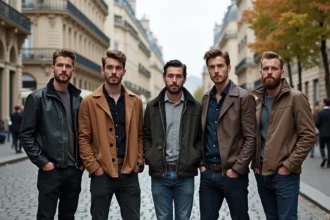 Groupe de chanteurs français célèbres dans une rue parisienne