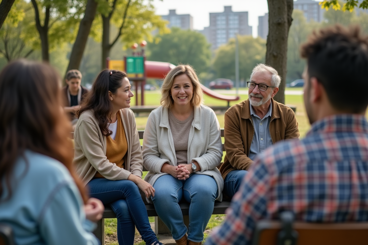 Groupe de personnes diverses en cercle dans un parc urbain