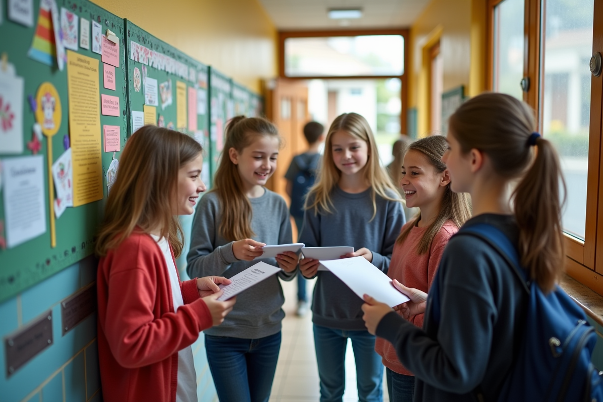 Groupe d enfants français comparant leurs notes dans le couloir