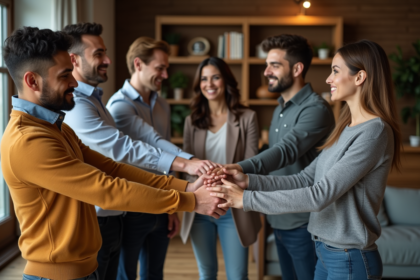 Groupe d'adultes en cercle dans un salon chaleureux