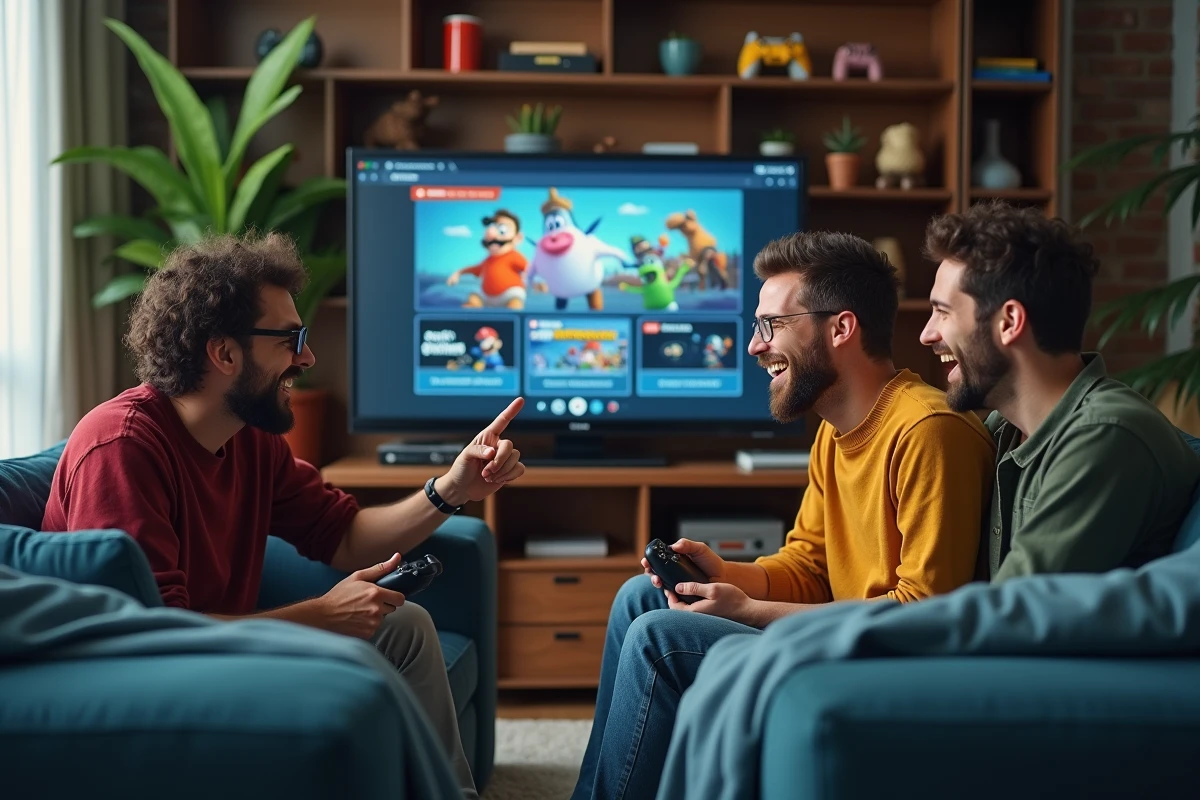 Groupe de gamers regardant archives jeux sur un grand ecran