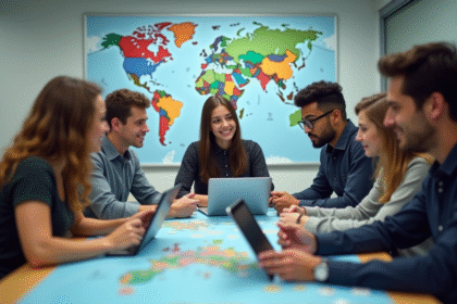 Groupe de jeunes en classe moderne pour l'éducation commerciale