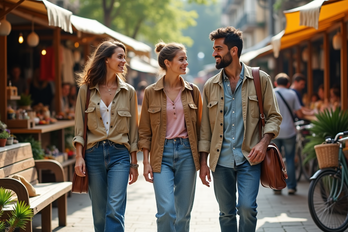 Groupe de trois personnes marchant dans un marché urbain durable