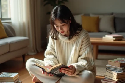 Jeune femme lisant un manga de la série Epsilon Scan entourée de volumes posés sur un parquet en bois