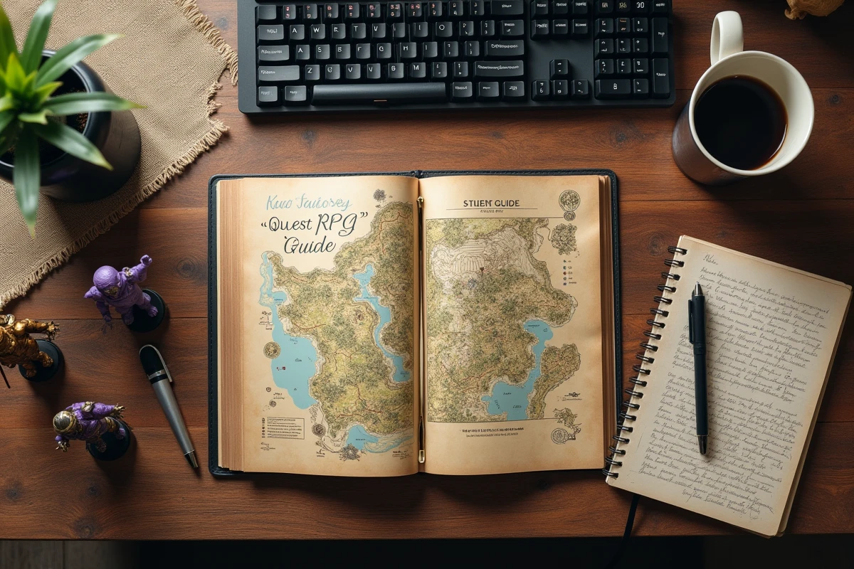 Vue aérienne d'un bureau de joueur avec guide de quête imprimé ouvert sur une carte, carnet de notes manuscrites, figurines fantasy violettes et dorées autour d'un clavier mécanique