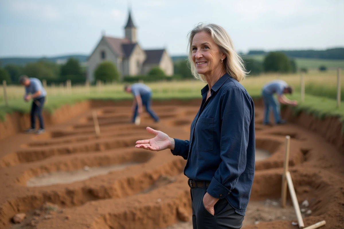 Historienne sur un site de fouilles archéologiques près d'Alise-Sainte-Reine montrant les vestiges des fortifications romaines