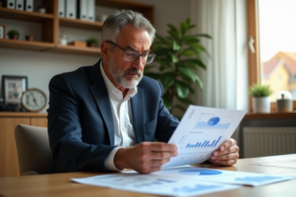Homme d'affaires en train de lire des documents financiers