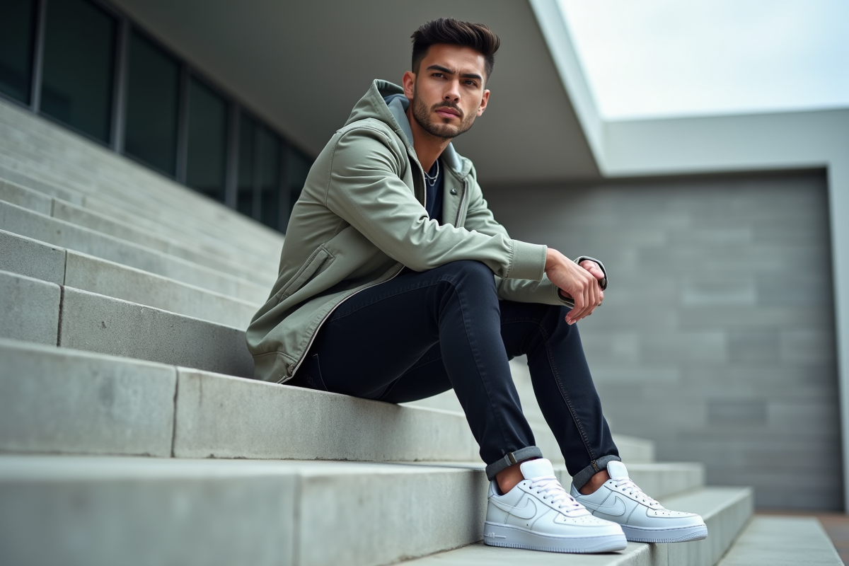 Homme assis sur escalier avec chaussures Air Force 1 blanches