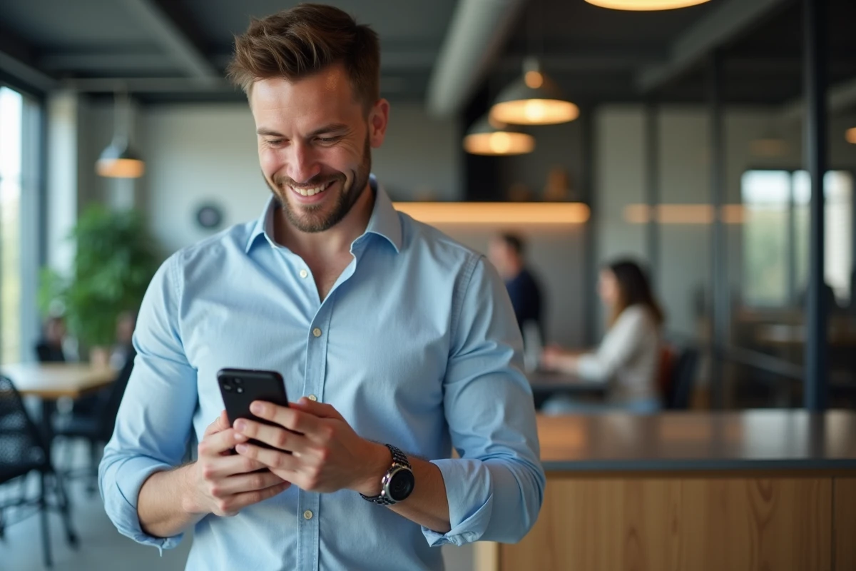 Homme lisant des bons plans sur smartphone dans une cuisine de bureau moderne et minimaliste