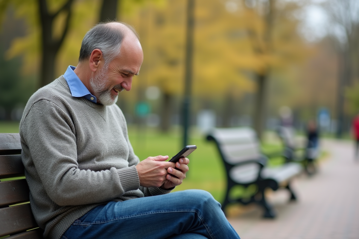 Homme utilisant une application de budget en plein air