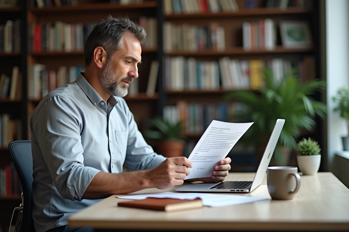 Homme concentré révisant des documents annotés sur la communication verbatim dans un bureau calme