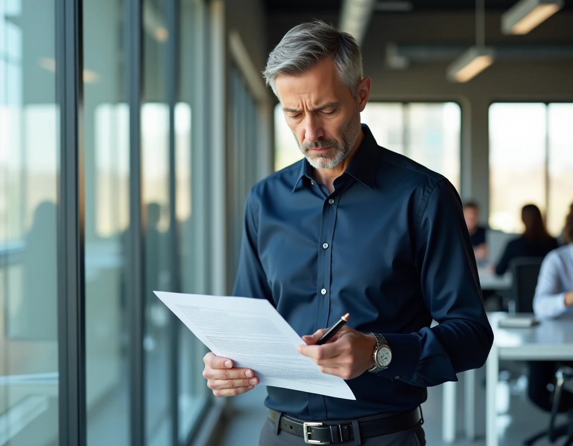 Homme en bureau moderne examinant un document écrit avec une expression interrogative sur l'utilisation correcte du futur ou du conditionnel
