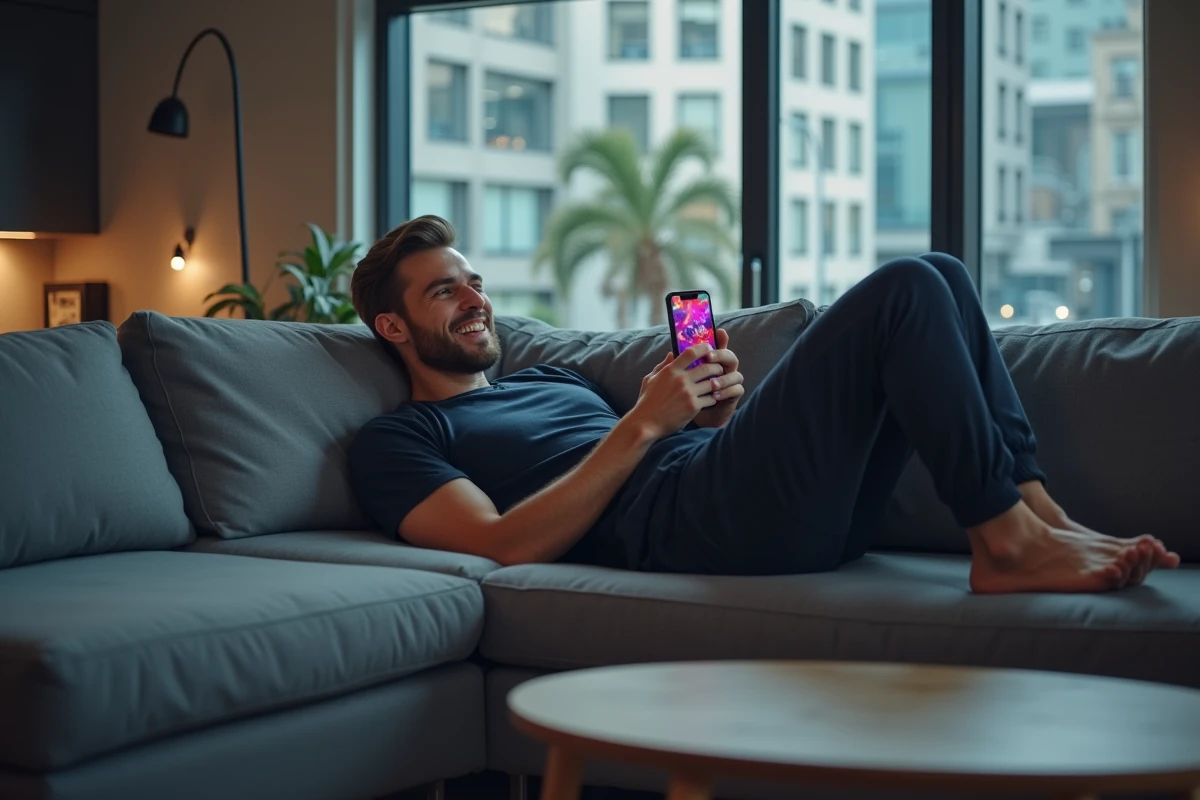 Homme allongé sur canapé consultant un code promo Chapters 2026 sur son téléphone pour obtenir des gemmes gratuites