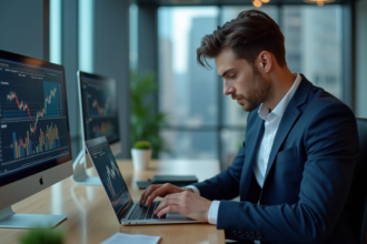 Jeune homme en costume analyse graphiques crypto au bureau