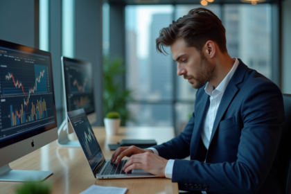 Jeune homme en costume analyse graphiques crypto au bureau