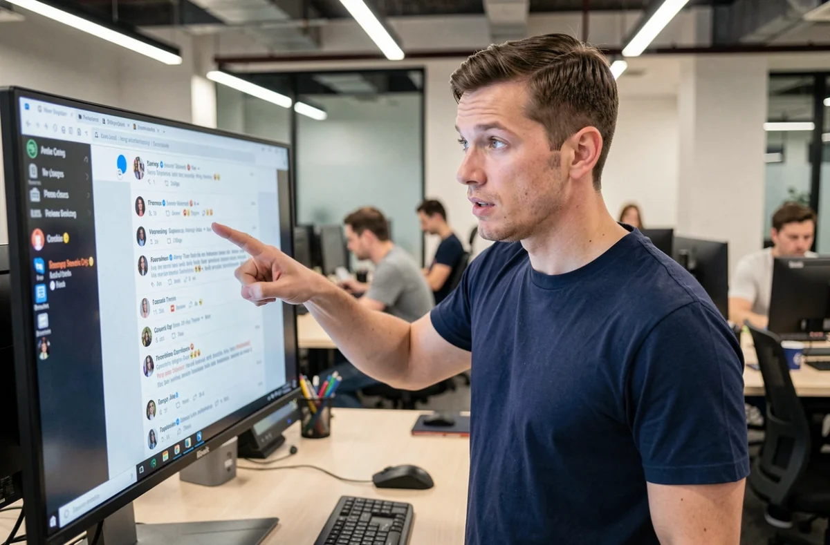Homme pointant un écran d'ordinateur affichant des commentaires sur les réseaux sociaux, illustrant la confusion virale autour du nom Peter Parker mal orthographié