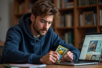 Homme examinant une carte Pokémon achetée sur un site e-commerce, expression dubitative, bureau à domicile