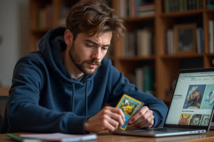 Homme examinant une carte Pokémon achetée sur un site e-commerce, expression dubitative, bureau à domicile