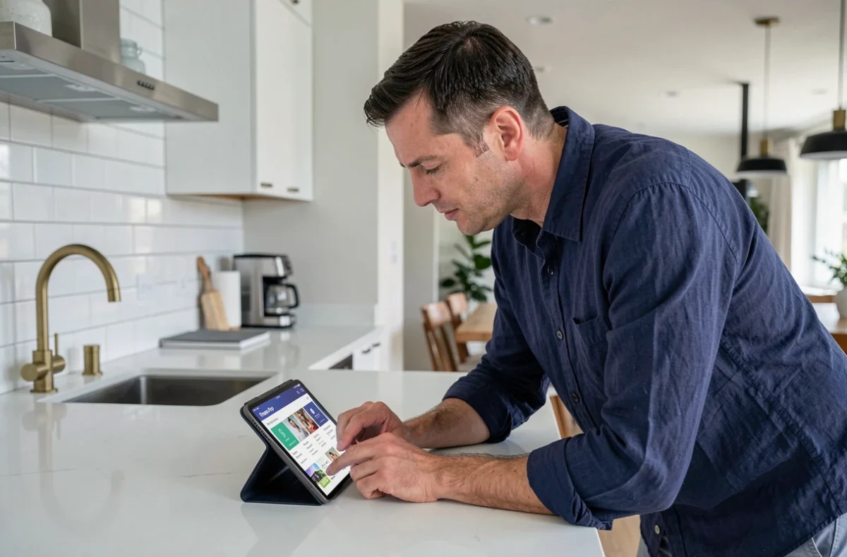 Homme consultant le guide des chaînes Freebox Pop sur une tablette dans une cuisine moderne