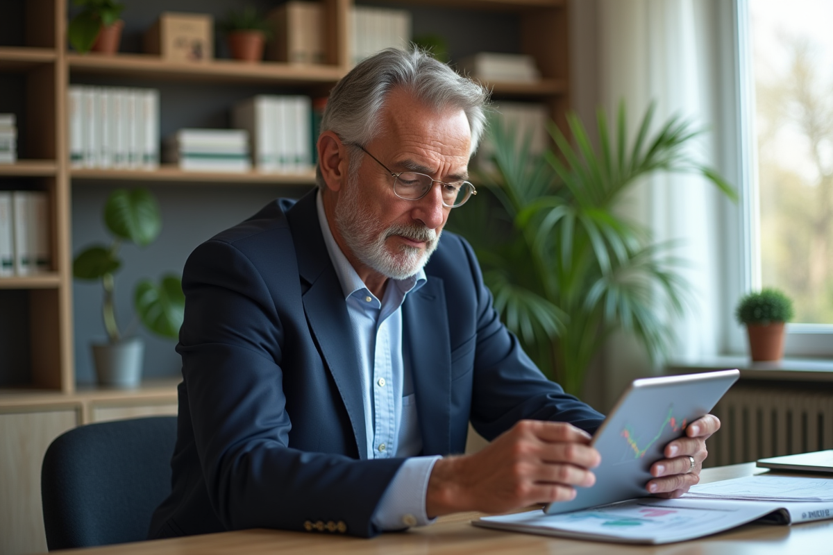 Homme d'affaires en costume analyse des graphiques d'investissement