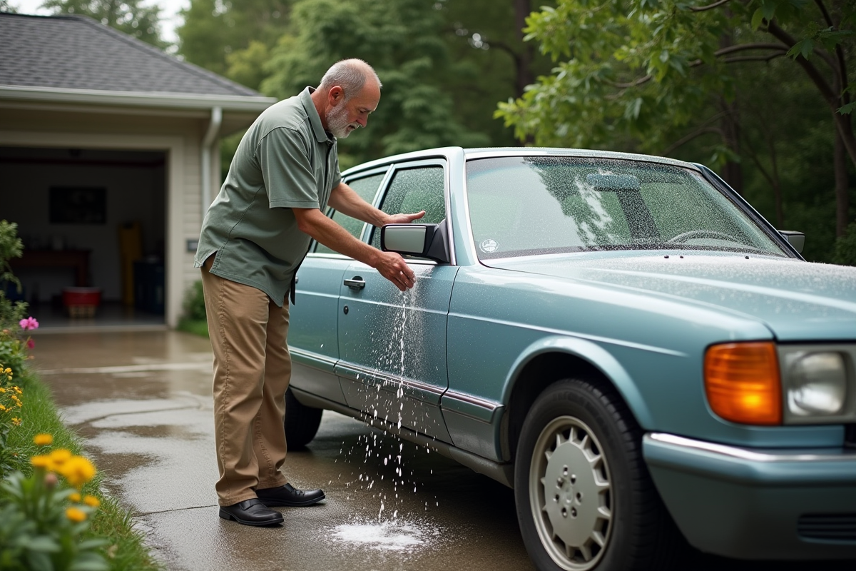 Homme d'âge moyen lavant une vieille voiture dans le jardin