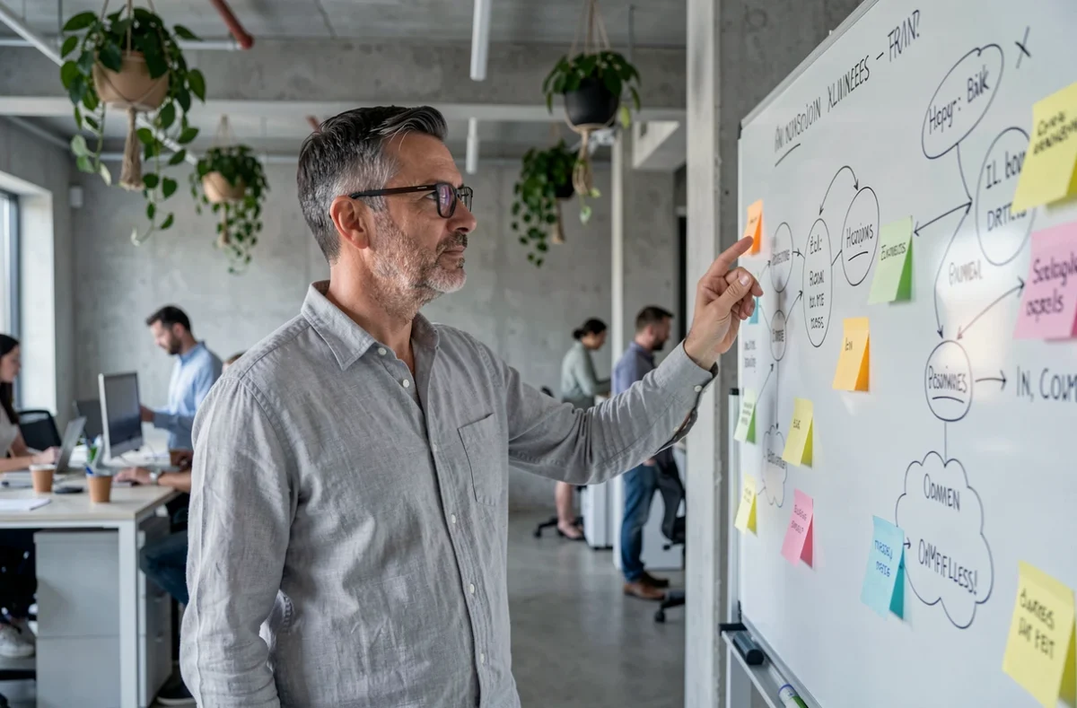 Homme analysant un tableau de mind mapping dans un bureau moderne, symbolisant les différences cognitives entre HPI et HPE