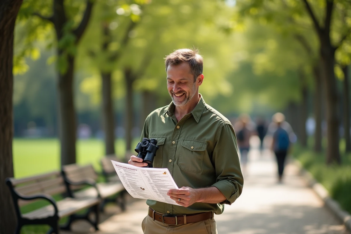 Homme observant les oiseaux dans un parc urbain ensoleille