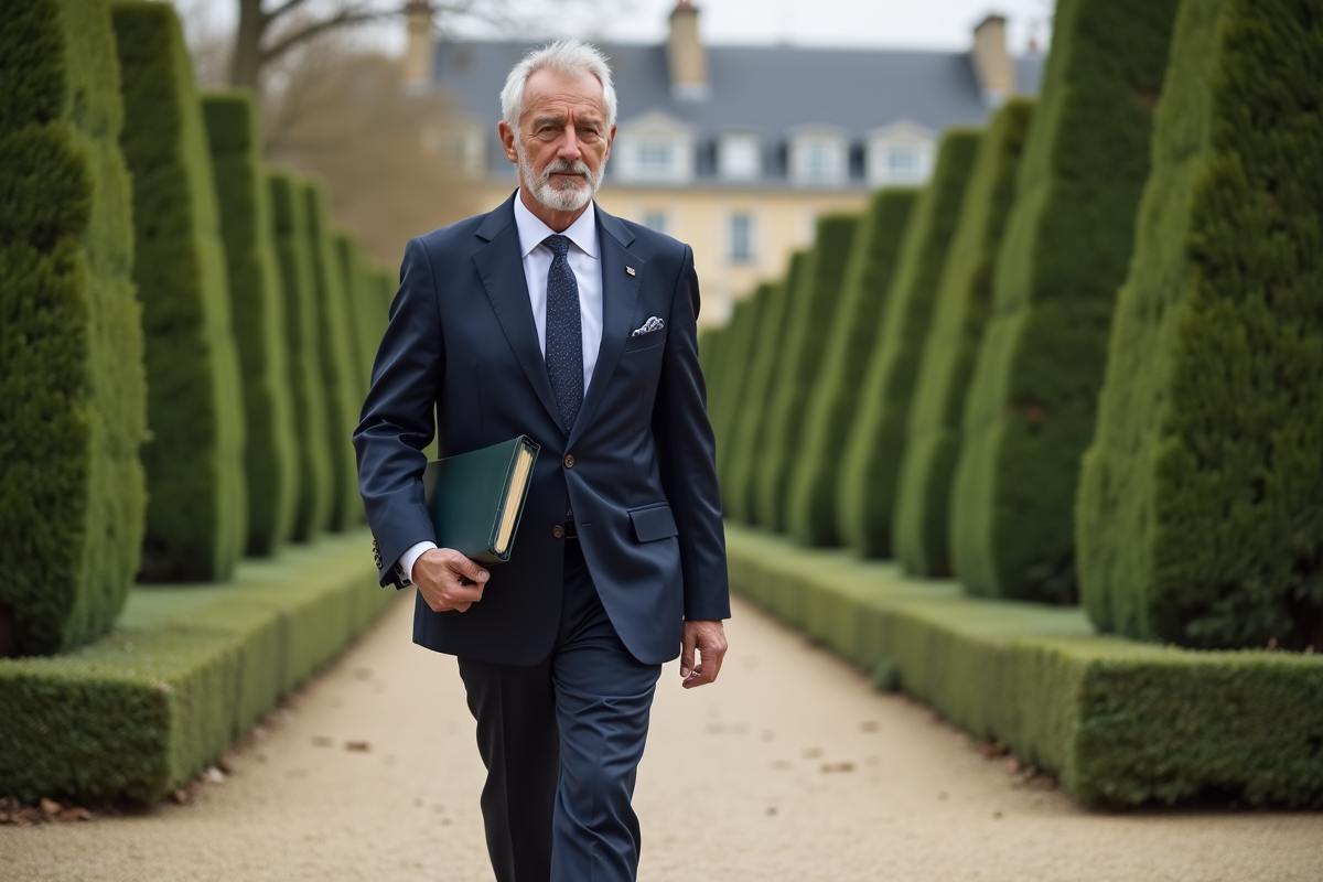 Homme en costume dans un jardin parisien