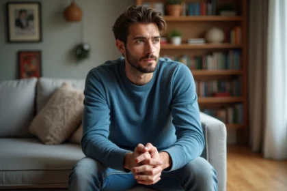 Homme pensif assis dans un salon moderne et chaleureux