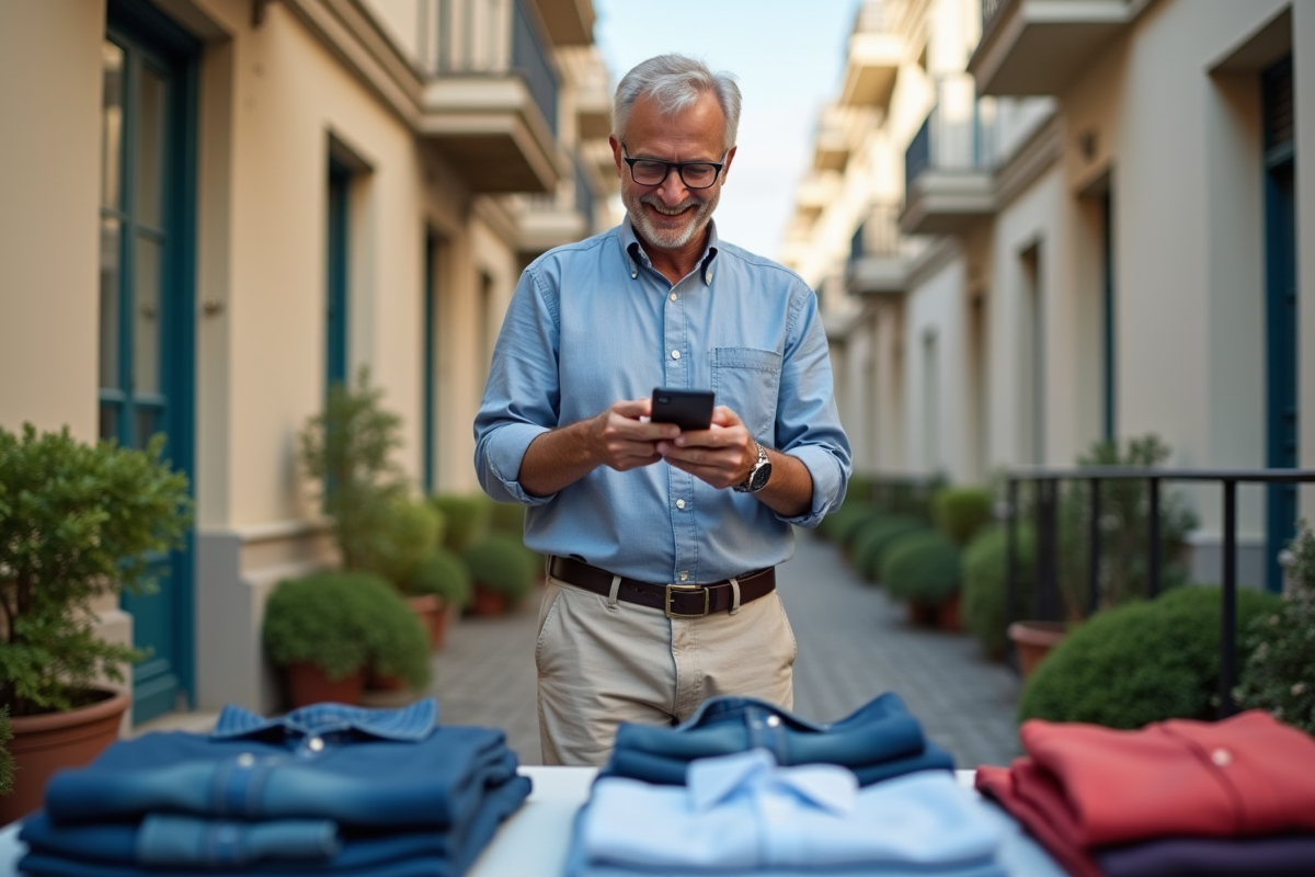 Homme photographie ses vêtements sur une table en ville