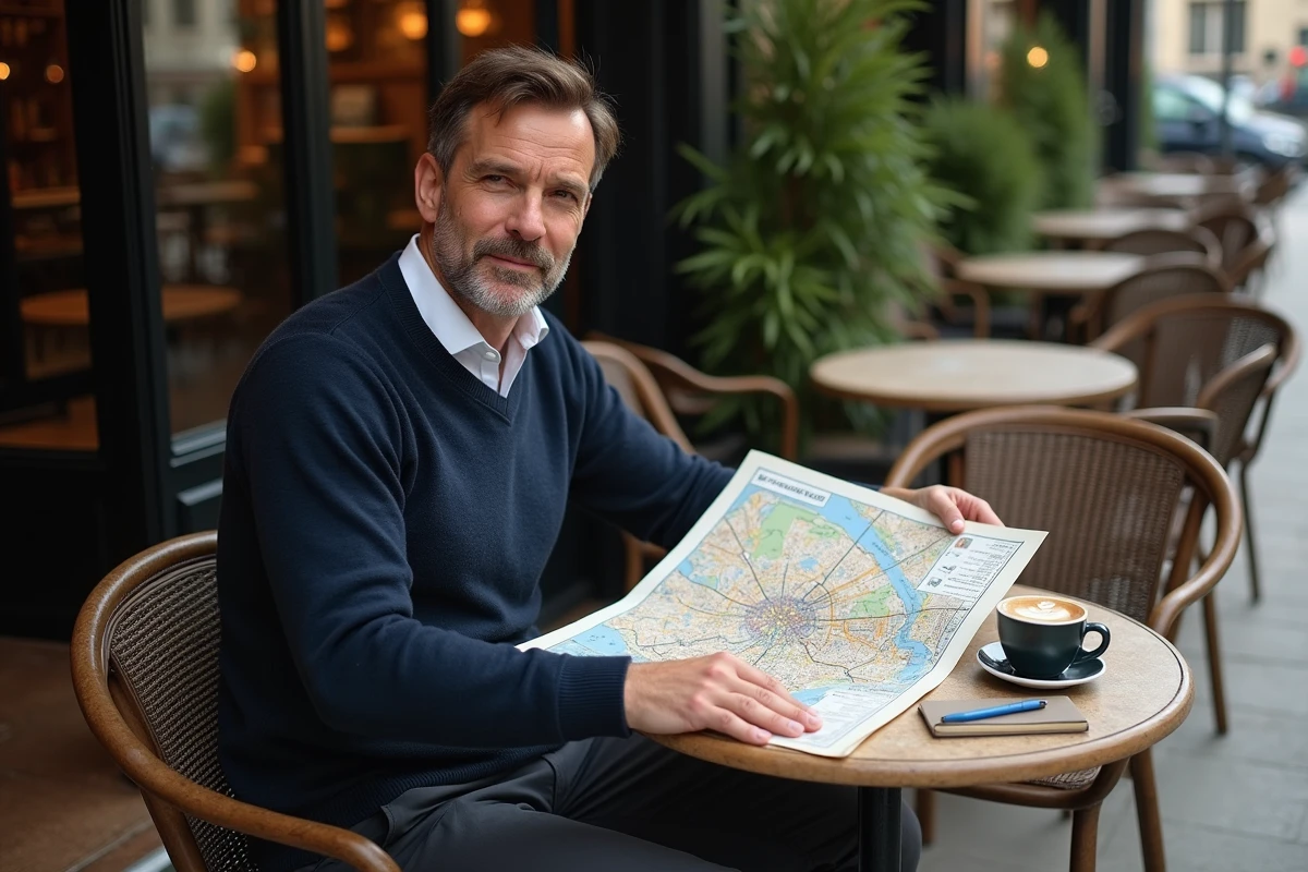 Homme préparant sa visite de Paris avec un plan des arrondissements dans un café en terrasse
