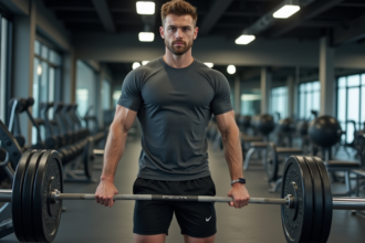 Homme musclé en train de deadlift en salle de sport