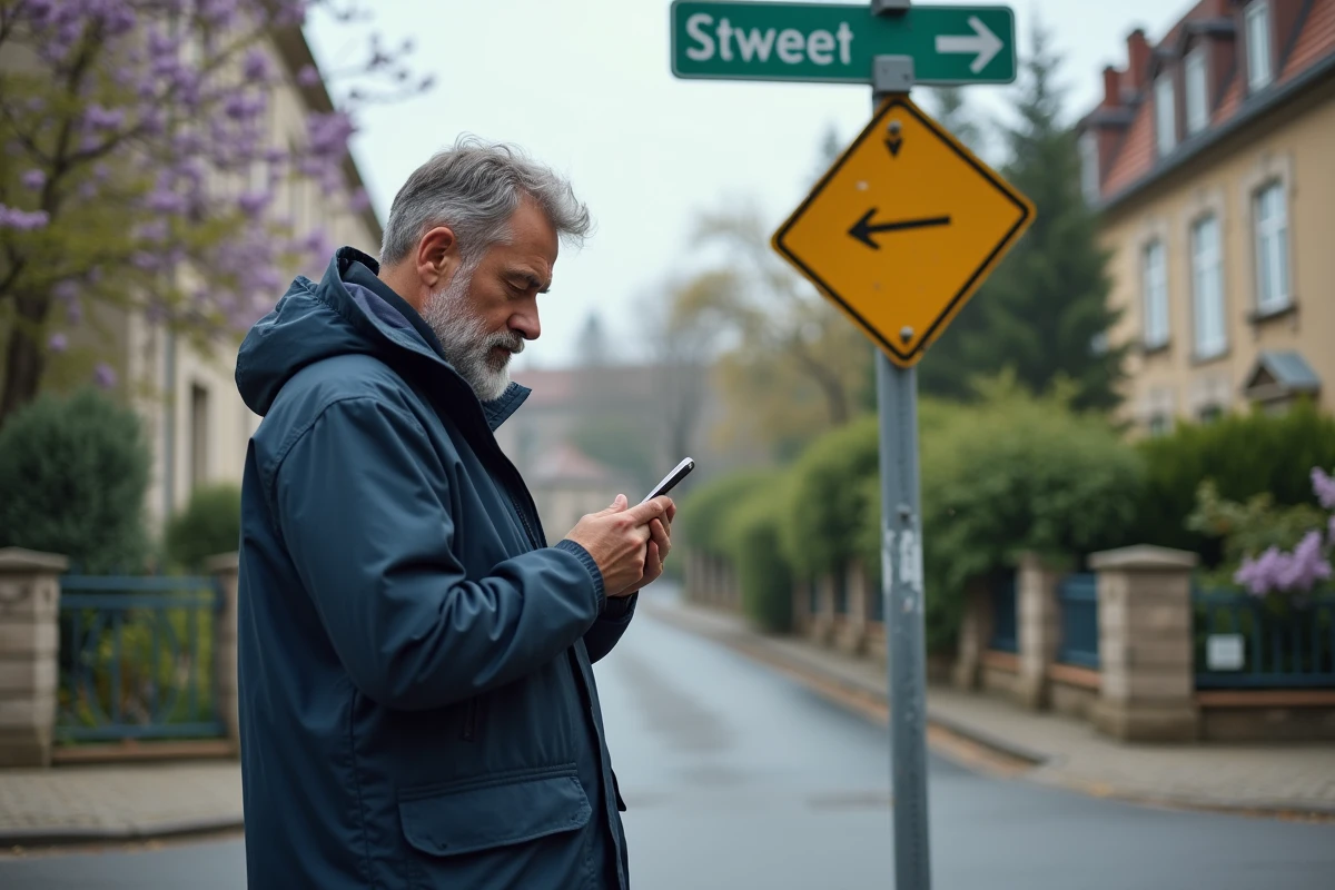 Homme avec smartphone dans une rue résidentielle calme