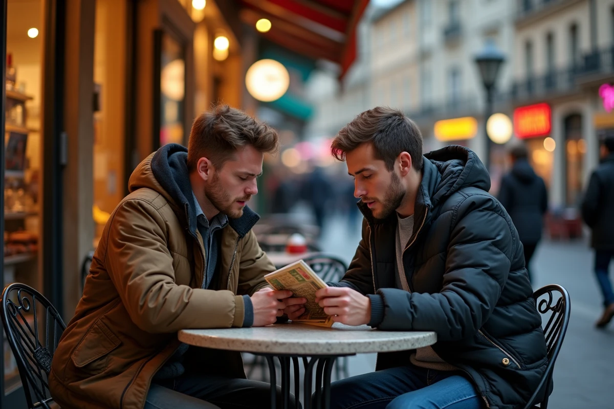 Homme et adolescent lisant un guide dans un café toulousain