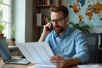 Homme d'âge moyen au bureau consulte une liste de codes internationaux
