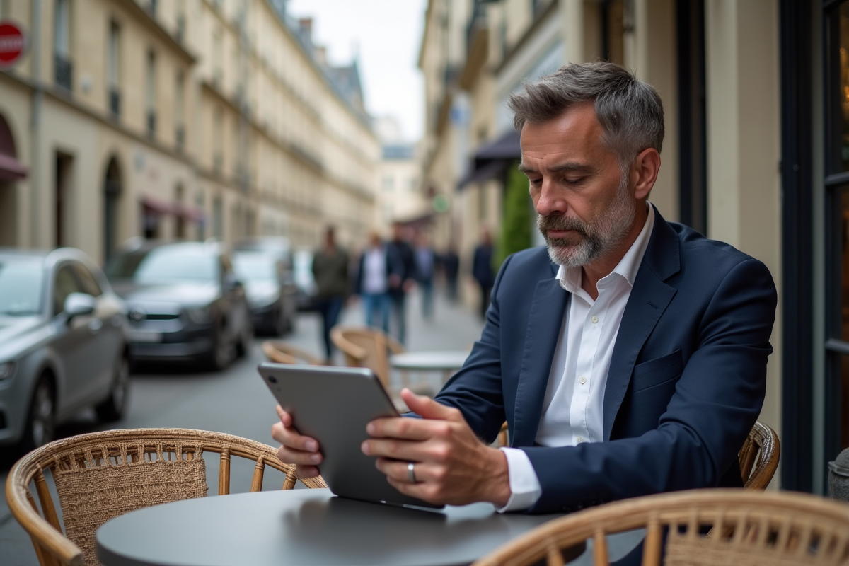 Homme d'âge moyen en costume bleu consulte des annonces immobilières