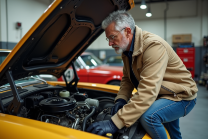 Homme d'âge moyen inspectant un moteur de voiture ancienne
