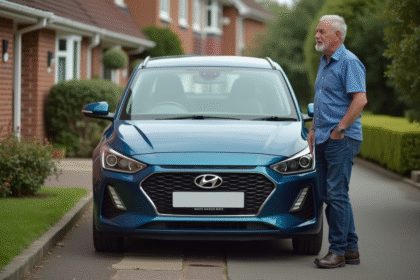 Homme d'âge moyen à côté d'une voiture hybride en quartier résidentiel