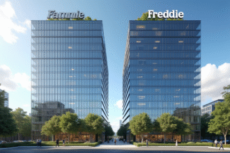 Deux immeubles modernes avec logos Fannie et Freddie en ville