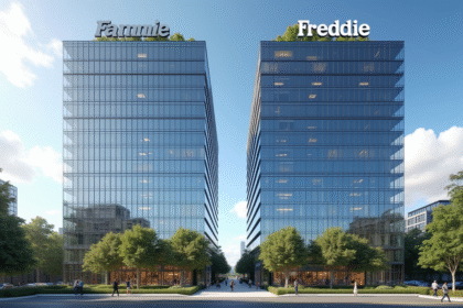 Deux immeubles modernes avec logos Fannie et Freddie en ville