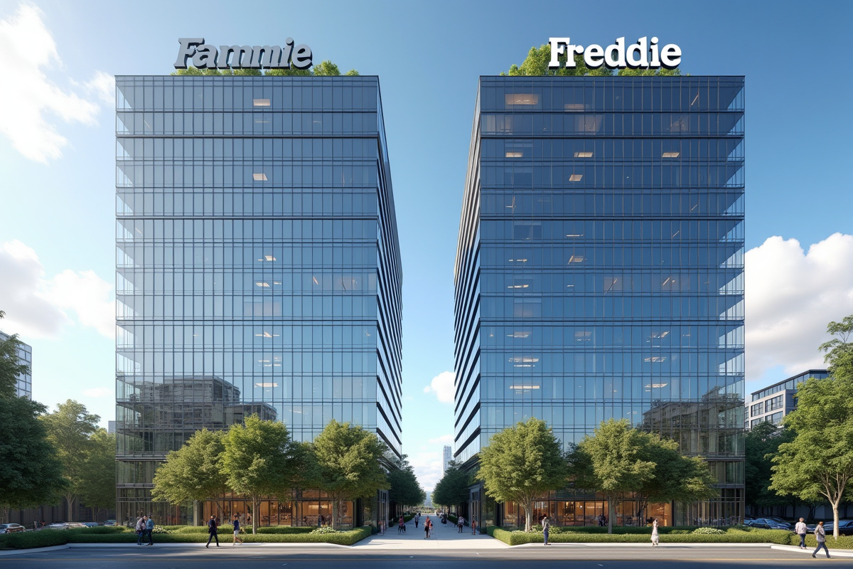 Deux immeubles modernes avec logos Fannie et Freddie en ville